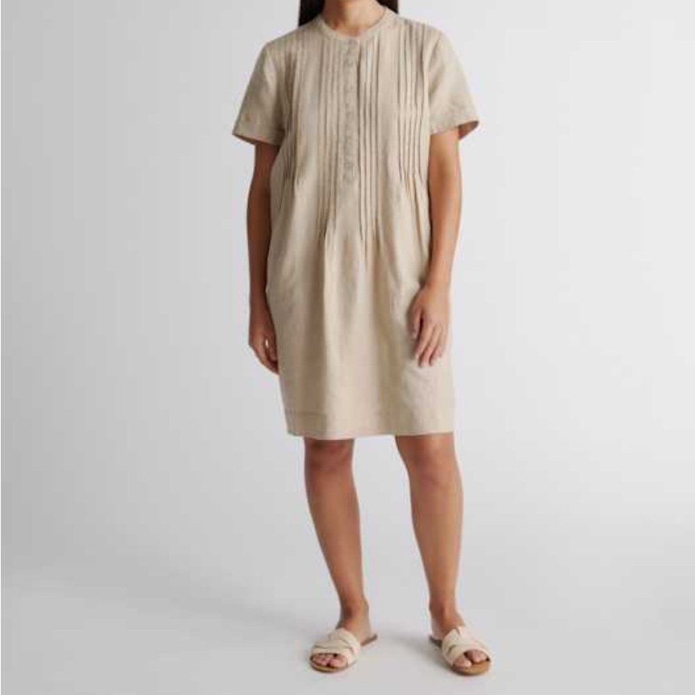 Quince Beige Short-Sleeve Pleated Shift Dress